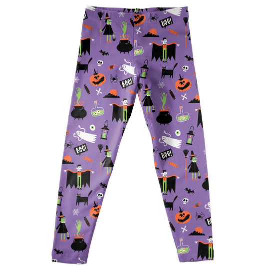 Halloween Witch and Bat Print Purple Leggings