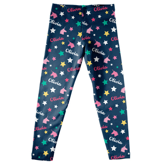 Personalized Name and Unicorn Navy Leggings