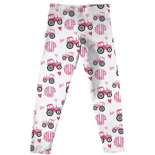 Tractor and Personalized Monogram Print White Leggings