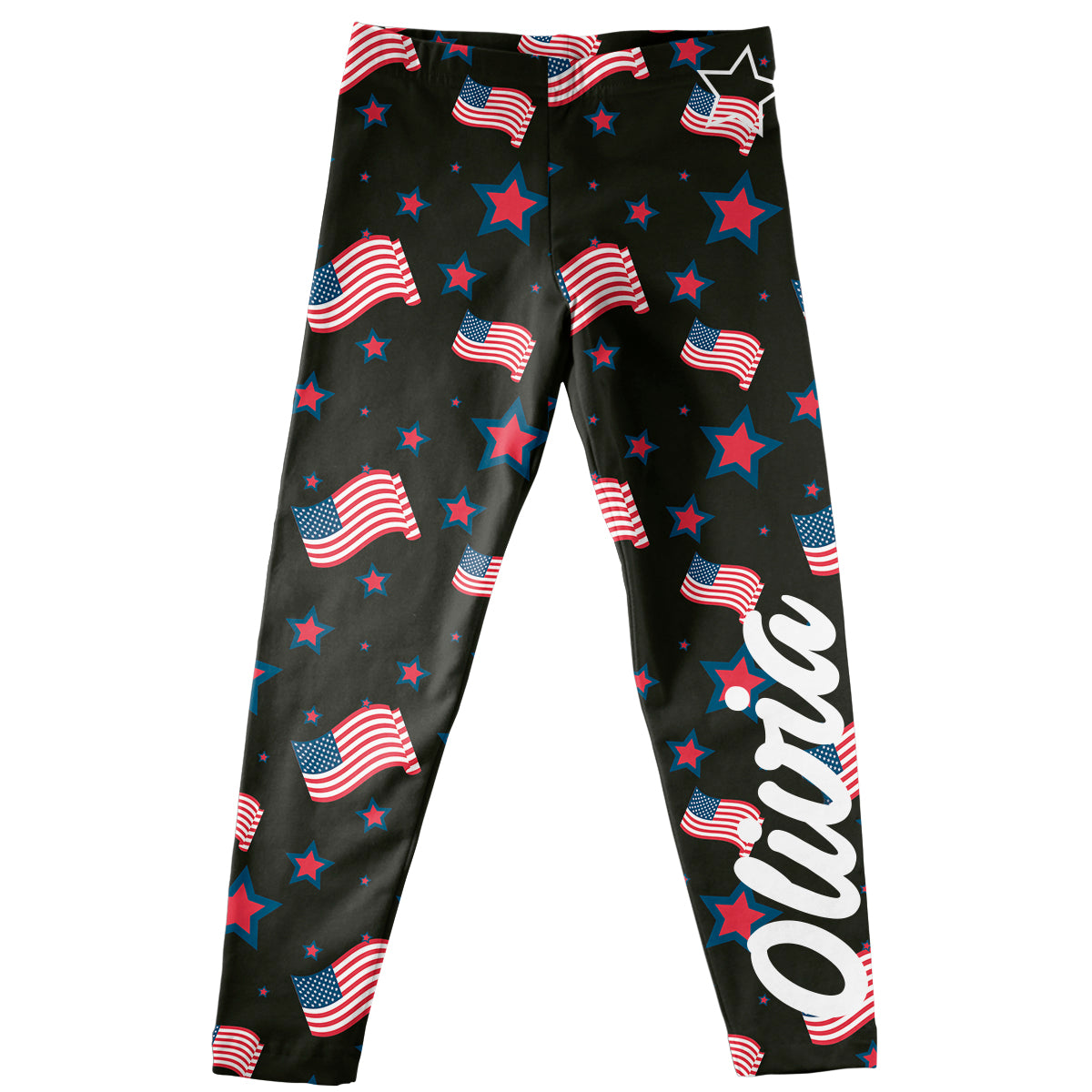 USA Flag and Stars Print Name Black Leggings