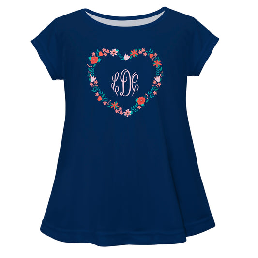 Heart Flowers Monogram Navy Short Sleeve Laurie Top
