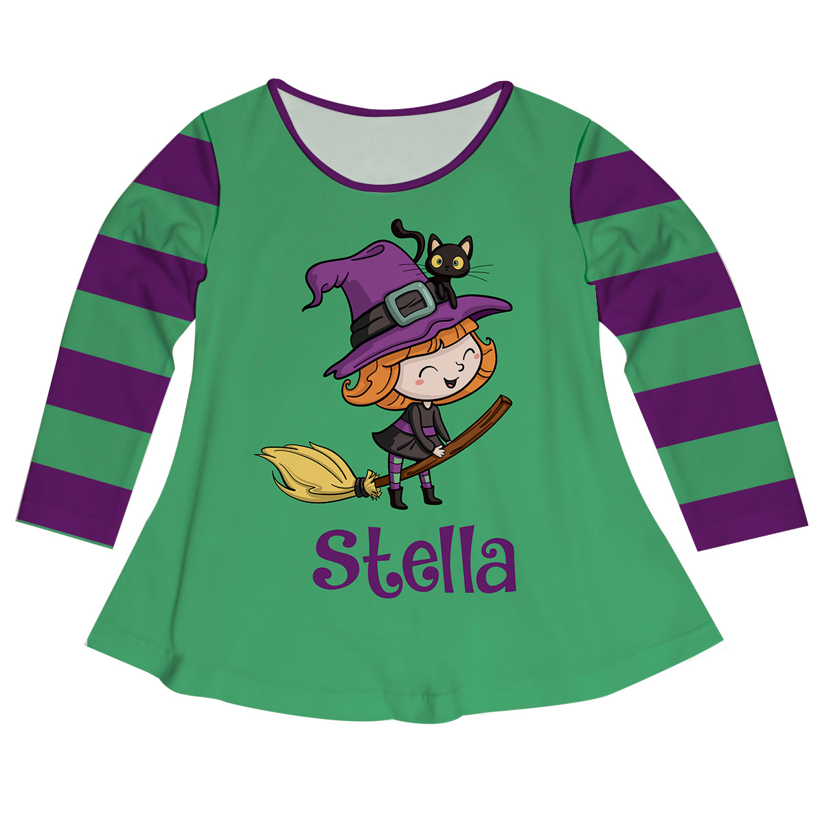 Little Witch And Cat Name Green And Purple Long Sleeve Laurie Top