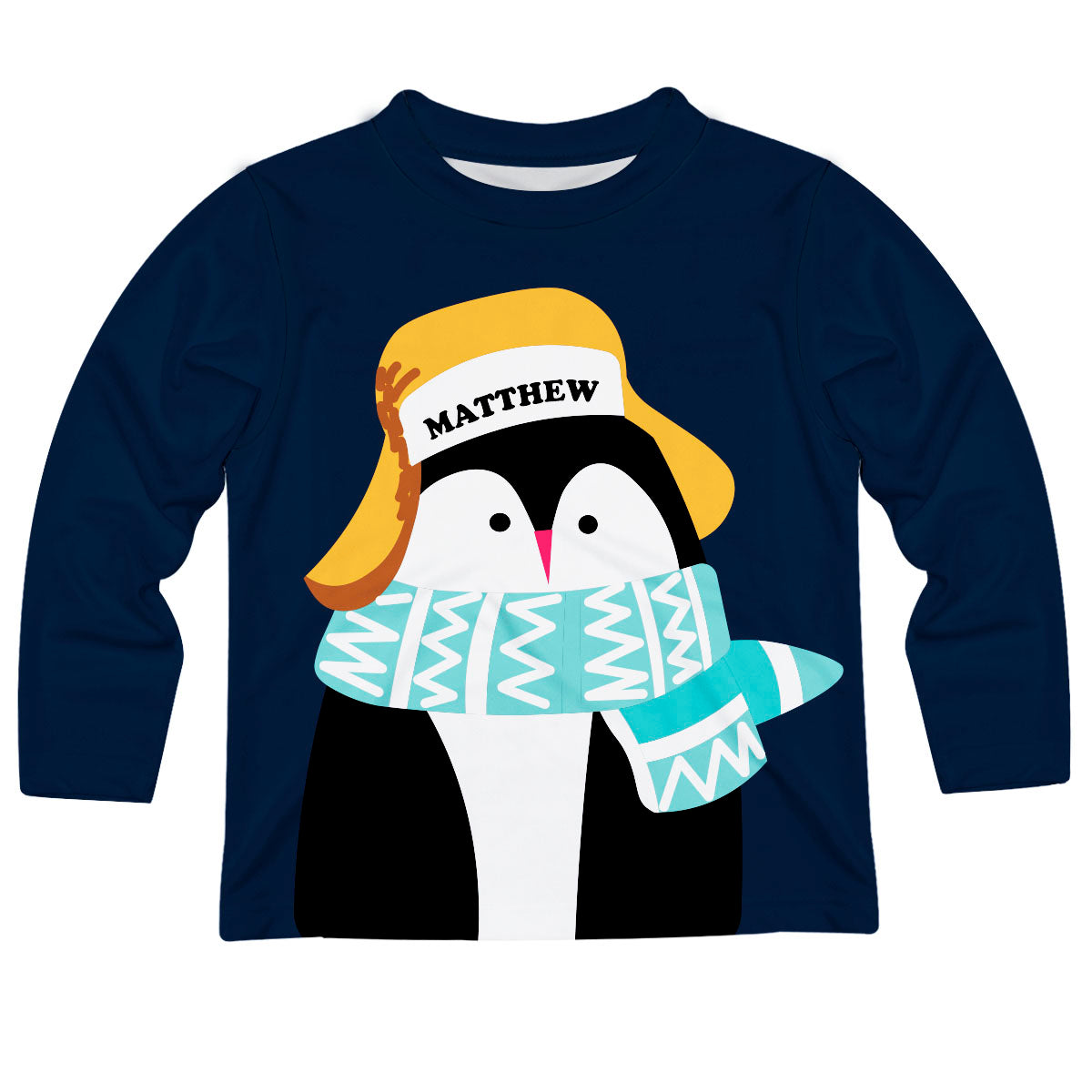 Winter Penguin Personalized Name Navy Long Sleeve Tee Shirt