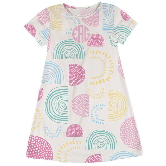 Abstract Print Monogram White Short Sleeve A Line Dress