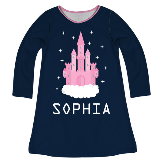 Castle Personalized Name Navy Long Sleeve A Line Dress - Wimziy&Co.