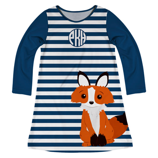 Fox Monogram Navy and White Stripes Long Sleeve A Line Dress