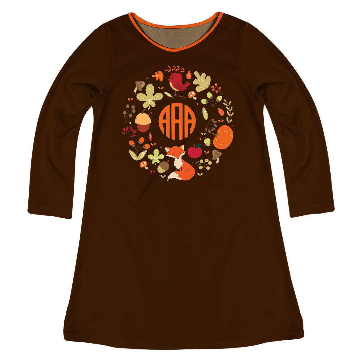 Fall Monogram Brown Long Sleeve A Line Dress