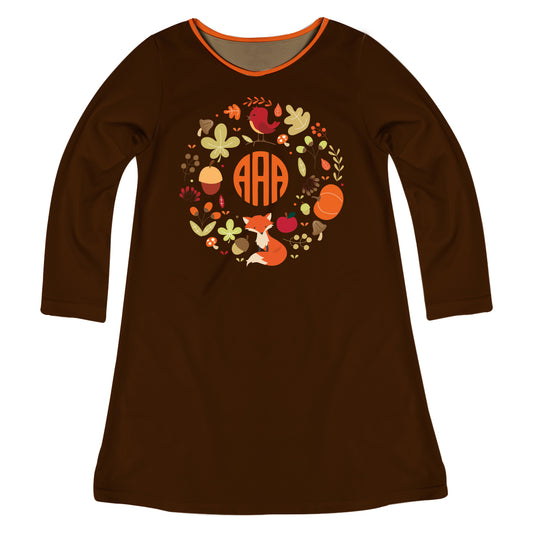 Fall Monogram Brown Long Sleeve A Line Dress