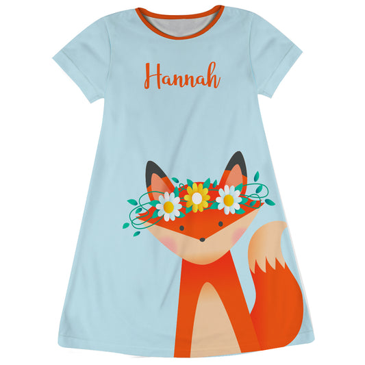 Fox Name Lt Blue Short Sleeve A Line Dress
