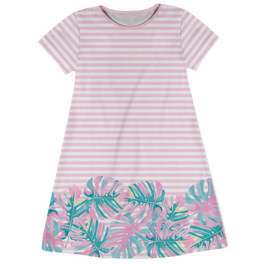 Leaves White and Pink Stripes Short Sleeve  A Line Dress