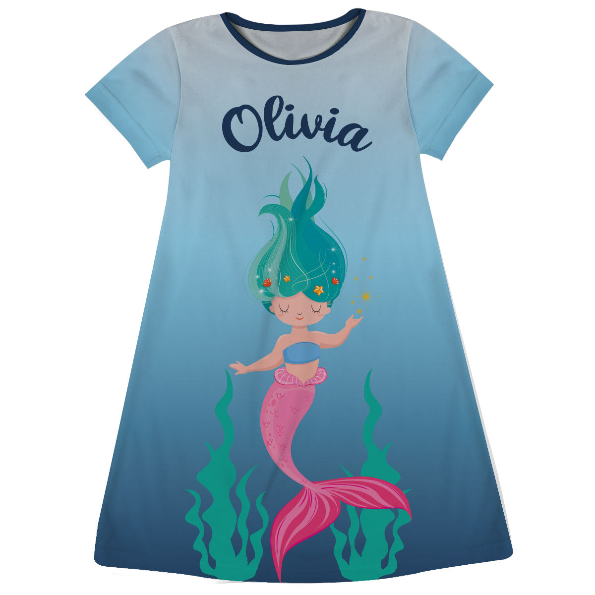 Mermaid Personalized Name Blue Degarde Short Sleeve A Line Dress