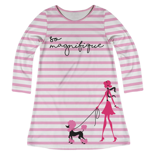 So Magnifique White and Pink Stripes Long Sleeve A Line Dress