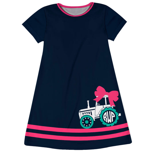 Bow Tractor Personalized Monogram Navy Short Sleeve A Line Dress