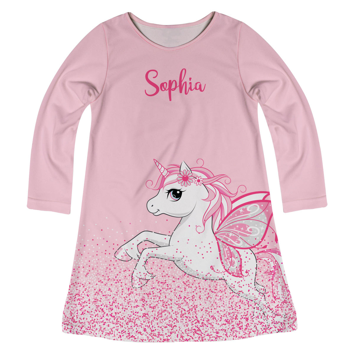 Unicorn Personalized Name Light Pink Long Sleeve A Line Dress