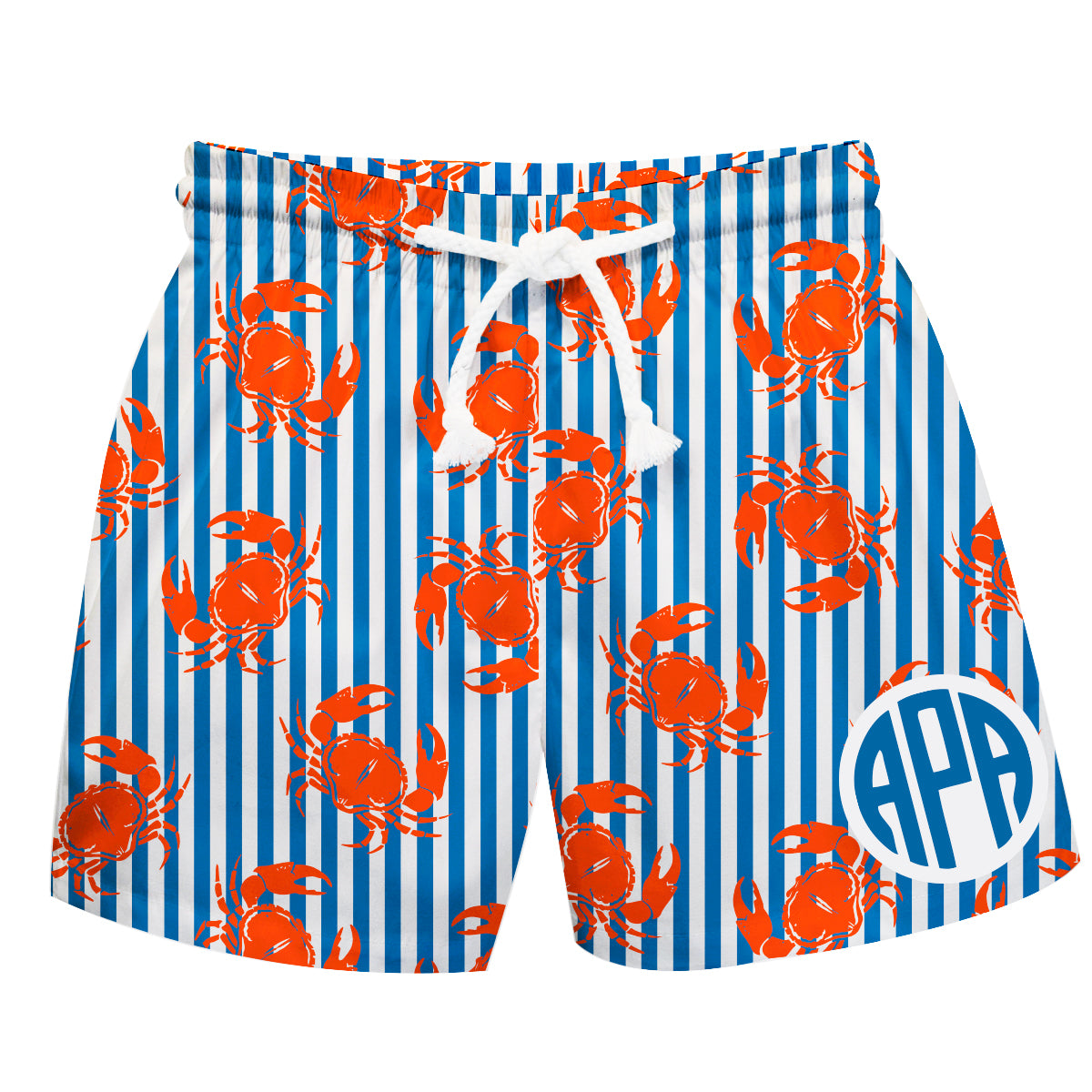 Crabs Print Personalized Monogram Royal and White Stripes Swimtrunk