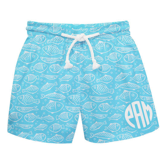 Fishes Print Personalized Monogram Turquoise Swimtrunk
