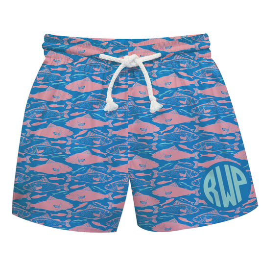 Fishes Print Monogram Royal Swimtrunk - Wimziy&Co.