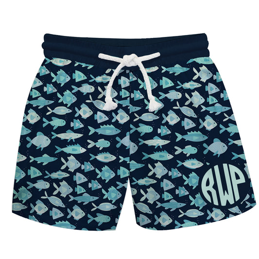 Fish Print Personalized Monogram Navy Swimtrunk