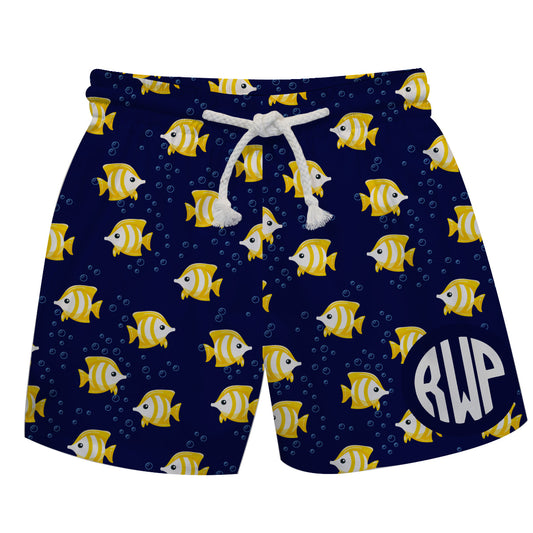 Fish Print Monogram Navy Swimtrunk - Wimziy&Co.