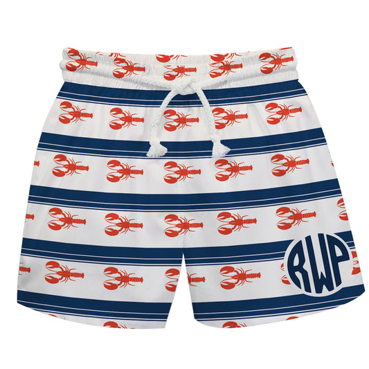 Lobster Print Monogram White and Navy Stripes Swimtrunk - Wimziy&Co.
