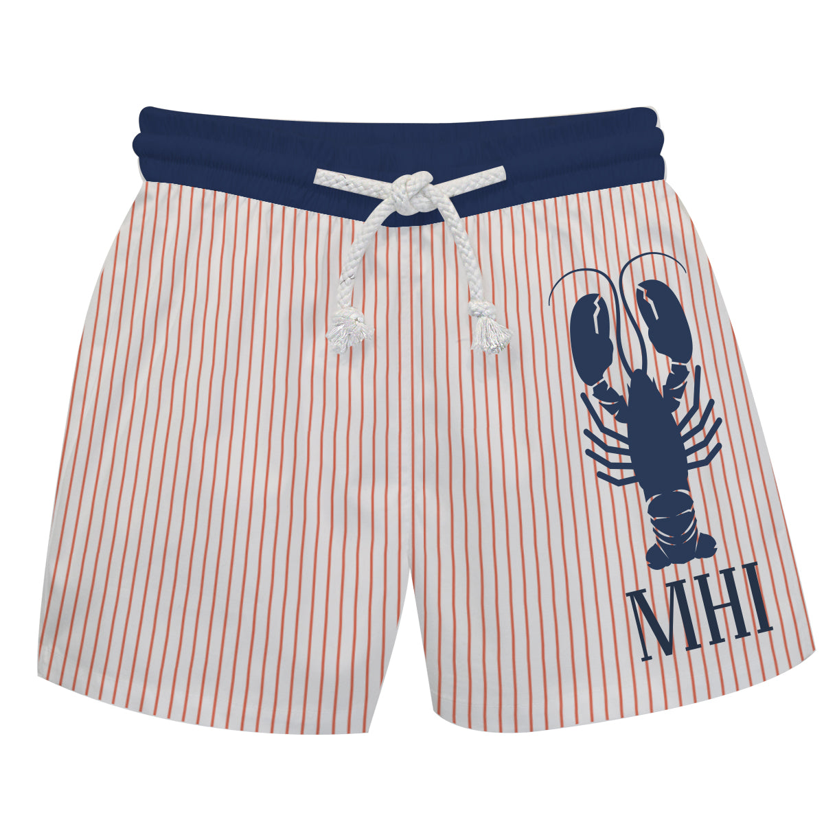 Lobster Personlized Monogram White and Orange Stripes Swimtrunk