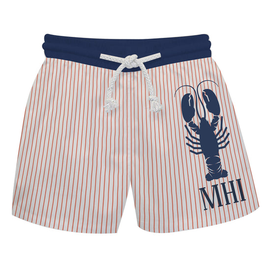 Lobster Personlized Monogram White and Orange Stripes Swimtrunk