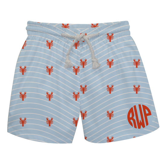 Lobster Print Monogram Light Blue and White Stripes Swimtrunk