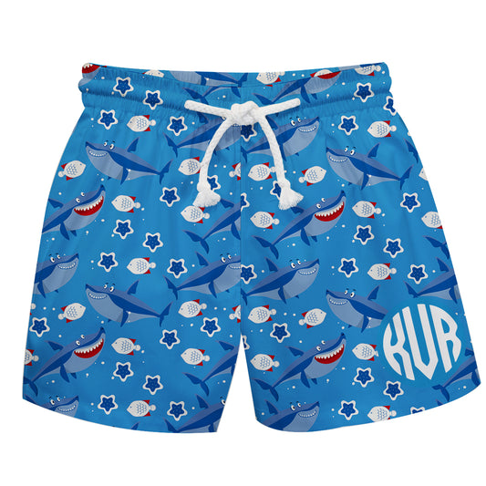 Sharks Print Monogram Royal Swimtrunk - Wimziy&Co.