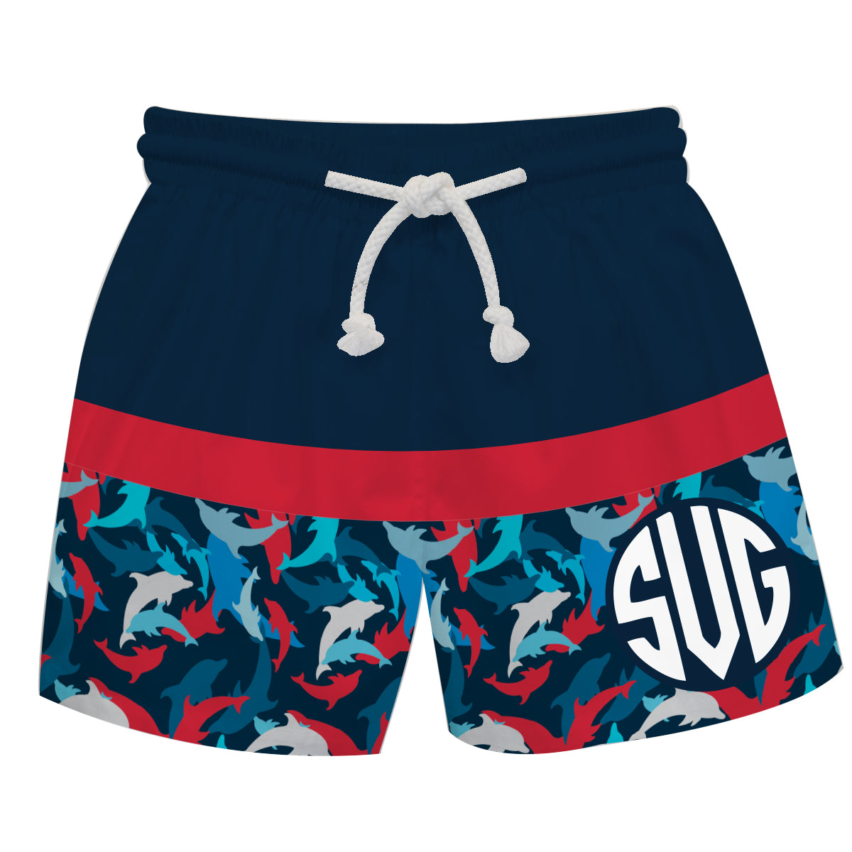 Dolphins Print and Stripe Monogram Navy Swimtrunk - Wimziy&Co.