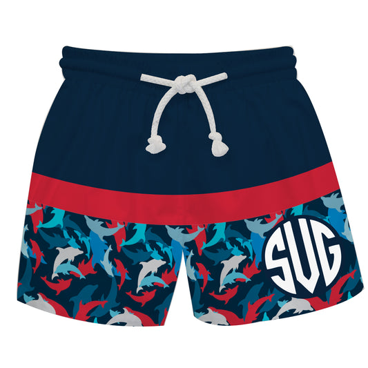 Dolphins Print and Stripe Monogram Navy Swimtrunk - Wimziy&Co.