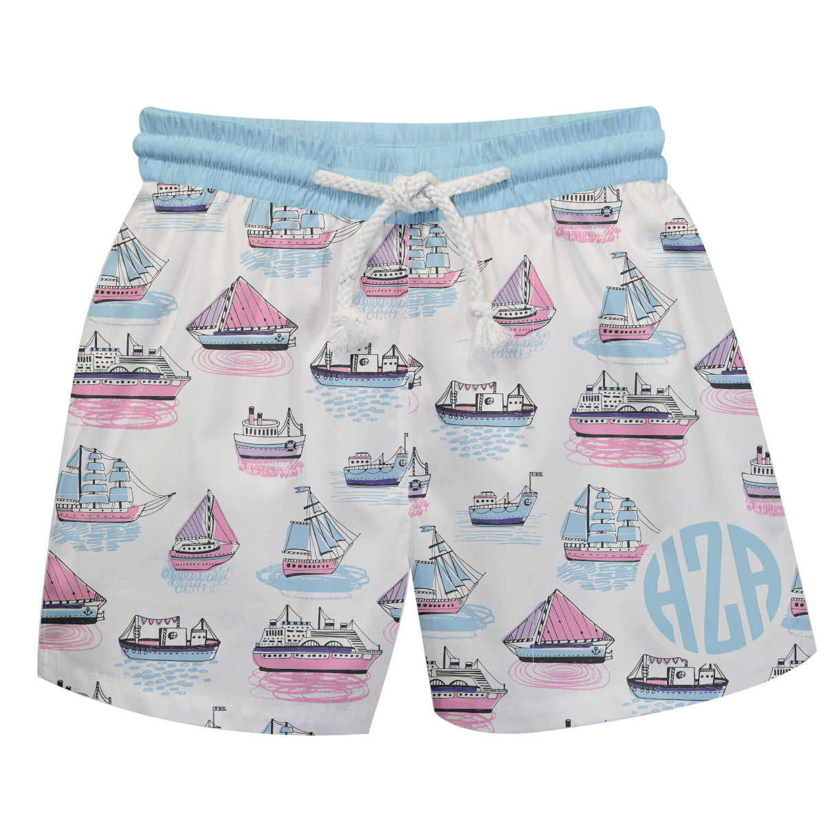 Sailboat Print Personalized Monogram White Swimtrunk