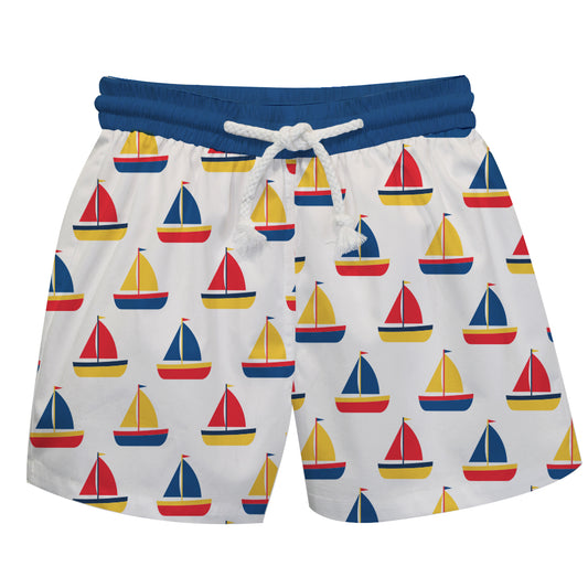 Sailboat Print White and Navy Swimtrunk