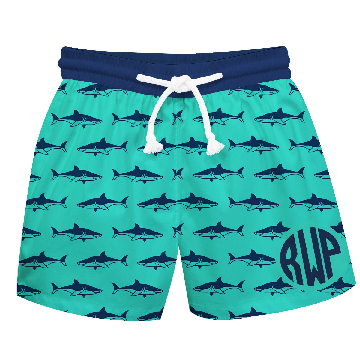 Shark Print Monogram Mint and Navy Swimtrunk - Wimziy&Co.