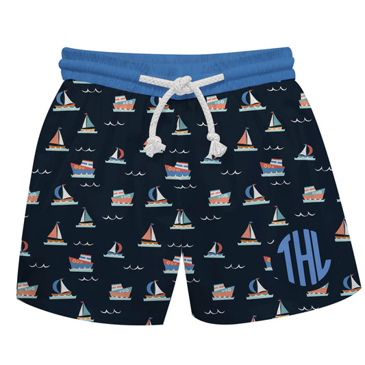 Sailboats Print Monogram Navy Swimtrunk - Wimziy&Co.