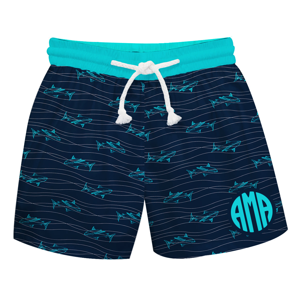 Sharks Print Personalized Monogram Navy and Aqua Swimtrunk