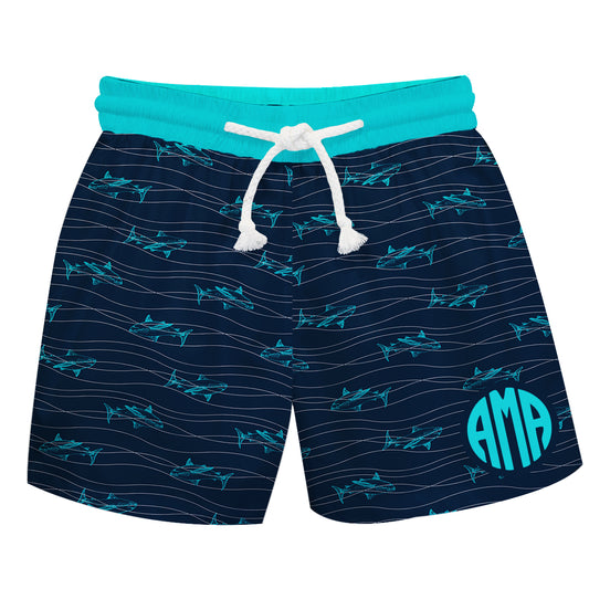 Sharks Print Personalized Monogram Navy and Aqua Swimtrunk