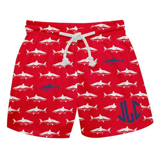 Sharks Print Monogram Red Swimtrunk - Wimziy&Co.