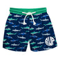 Shark Print Personalized Monogram Navy And Green Swimtrunk