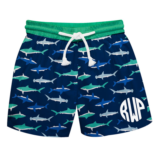 Shark Print Personalized Monogram Navy And Green Swimtrunk