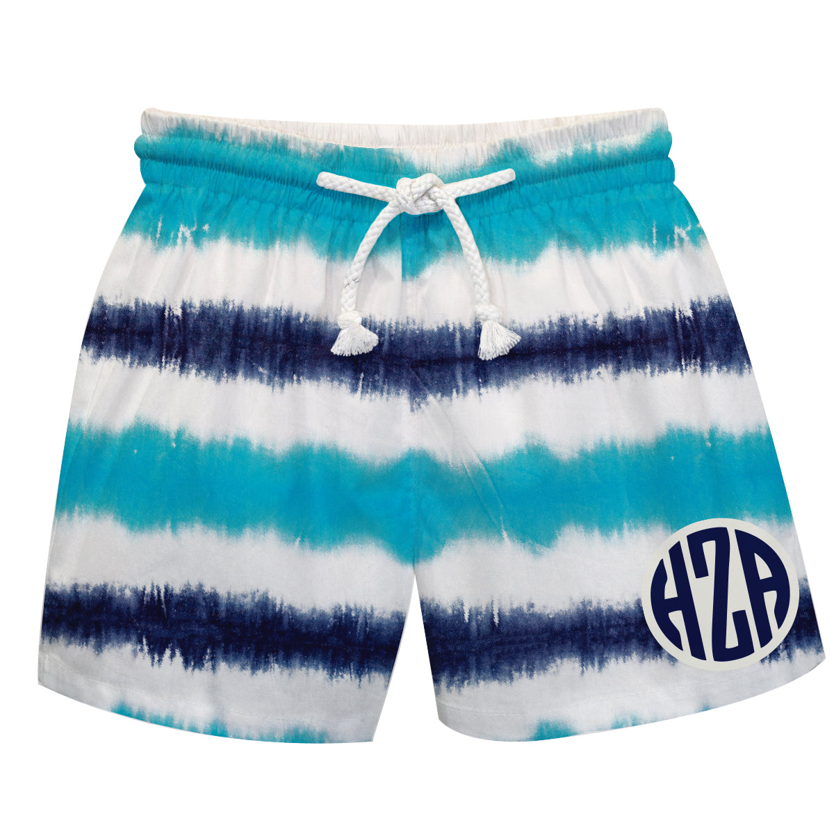 Tie Dye Personalized Monogram Aqua Navy and White Stripes Swimtrunk