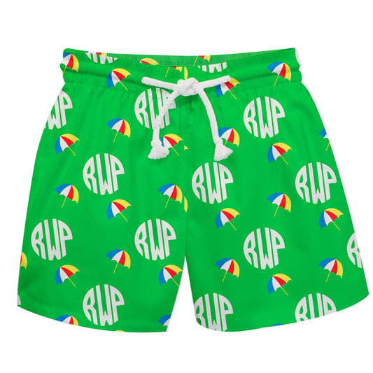 Umbrella and Personalized Monogram Print Green Swimtrunk