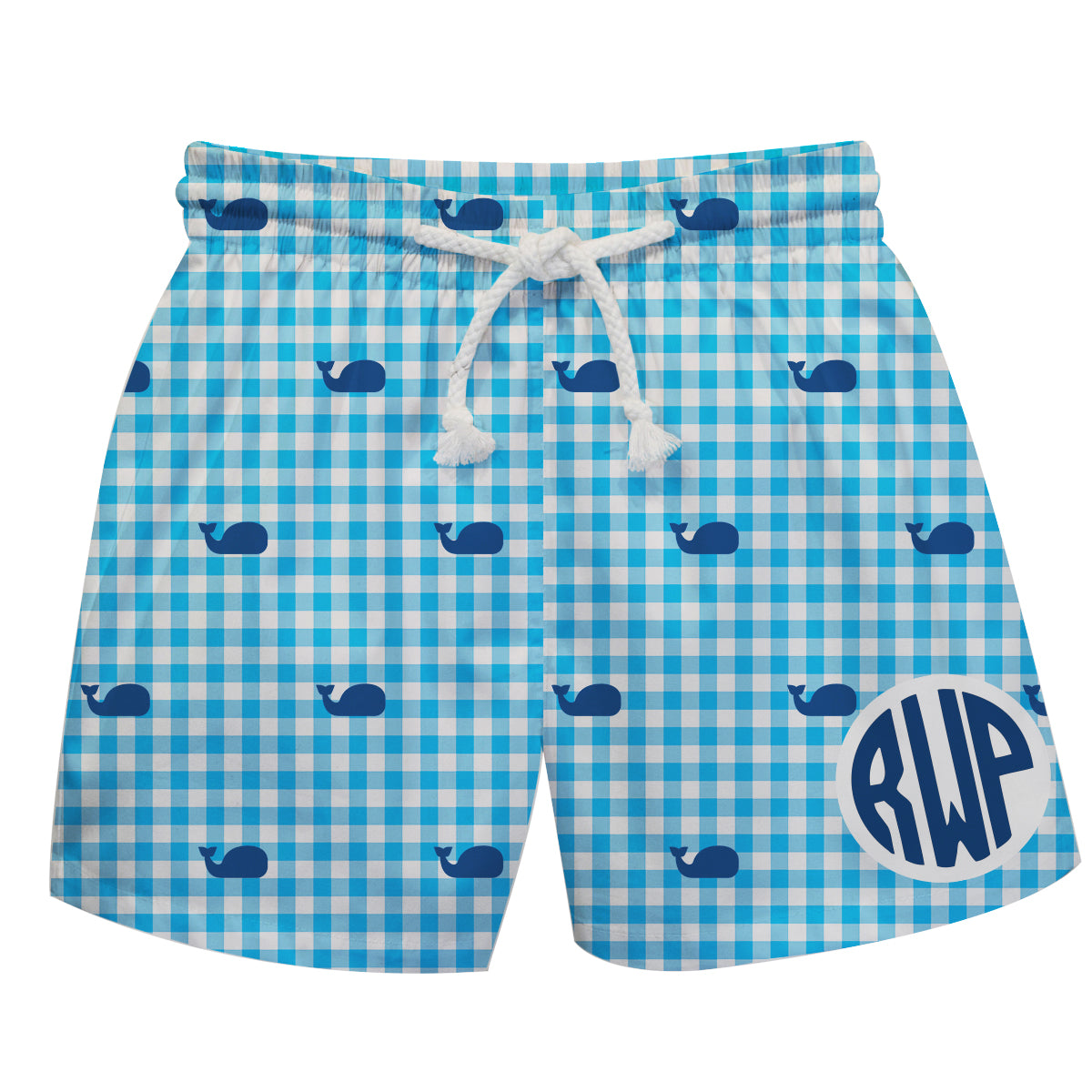 Whale Print Monogram Aqua Check Swimtrunk - Wimziy&Co.