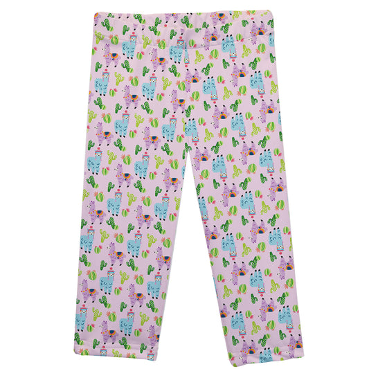 Llamas and Cactus Print Light Pink Capri  Leggings