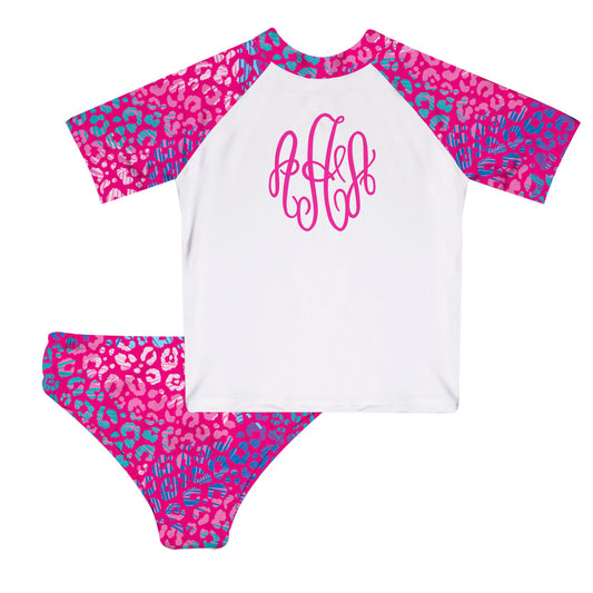 Animal Print Monogram White And Pink 2pc Short Sleeve Rash Guard
