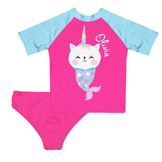 Catmermaid Name Hot Pink And Blue 2pc Short Sleeve Rash Guard