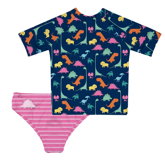 Dino Print Navy and Pink 2Pc Short Sleeve Rash Guard
