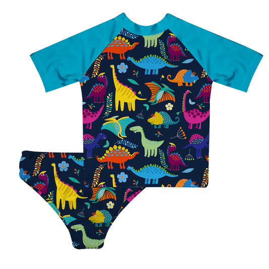 Dinosaurs Print Navy and Turquoises 2pc Short Sleeve Rash Guard