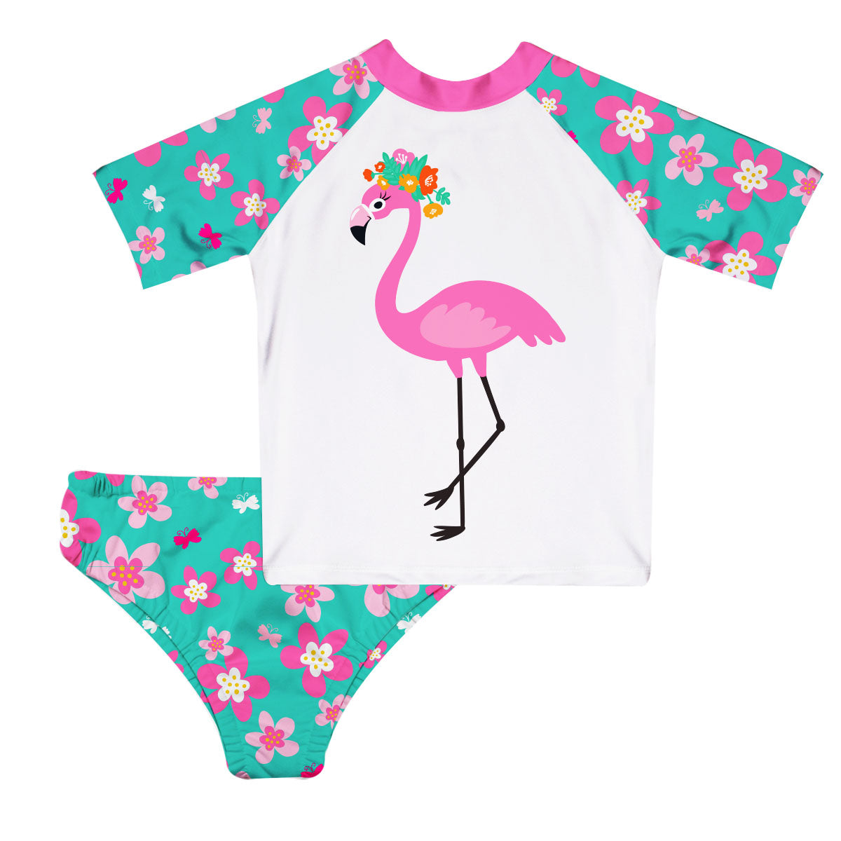Flamingo Flowers White and turquoise 2pc Short Sleeve Rash Guard