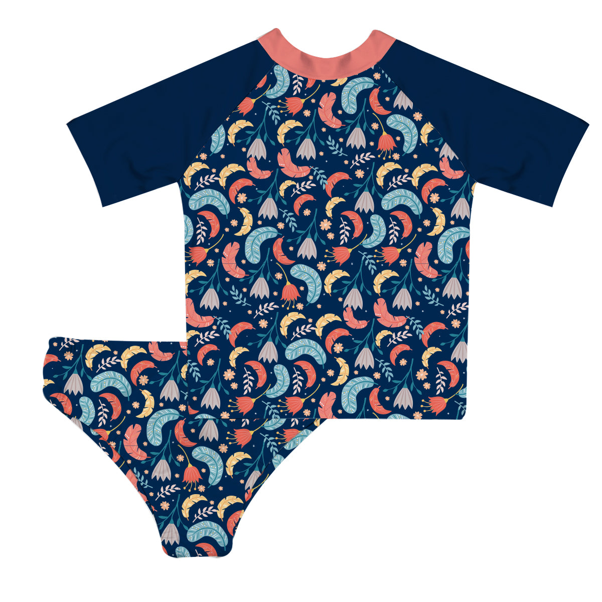 Flowers Print Navy 2pc Short Sleeve Rash Guard