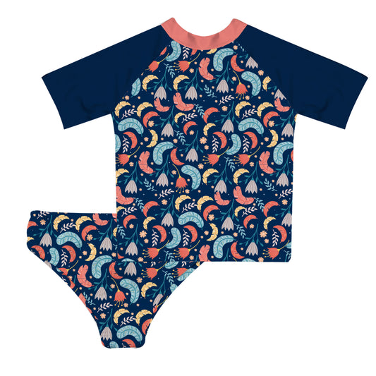 Flowers Print Navy 2pc Short Sleeve Rash Guard